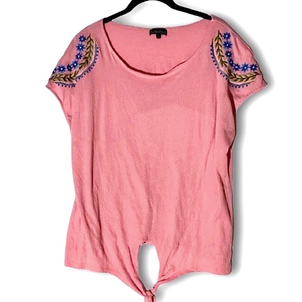 Bua Bua Floral Pink Embroidered Front-Tie Blouse